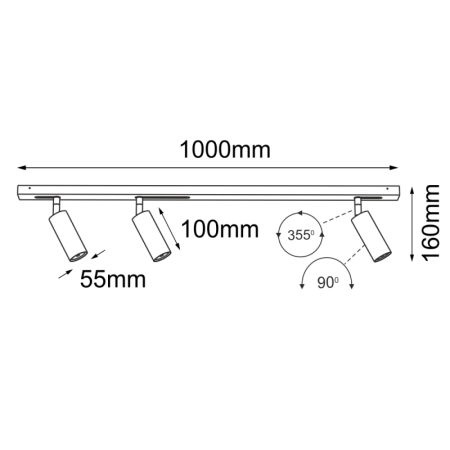 Lampa modułowa z 3 reflektorami ANT 1000 z serii PIPE LINE MOVE - wymiary