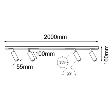 Długa listwa modułowa z 4 spotami ANT 1002 z serii PIPE LINE MOVE - wymiary