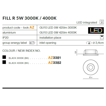 Czarna okrągła oprawa podtynkowa LED 3000K AZ3381 z serii FILL - wymiary