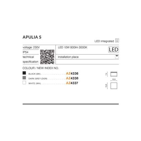 Czarna lampa natynkowa LED zewnętrzna nad drzwi AZ4336 z serii APULIA - wymiary
