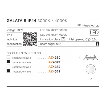 Oprawa podtynkowa oczko LED wpustowe 3000K AZ4379 z serii GALATA - wymiary