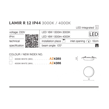 Wpustowe białe oczko LED 4000K łazienkowe AZ4386 z serii LAMIR - wymiary