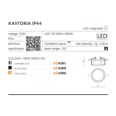 Złota oprawa podtynkowa LED do łazienki okrągła AZ4390 z serii KASTORIA - wymiary