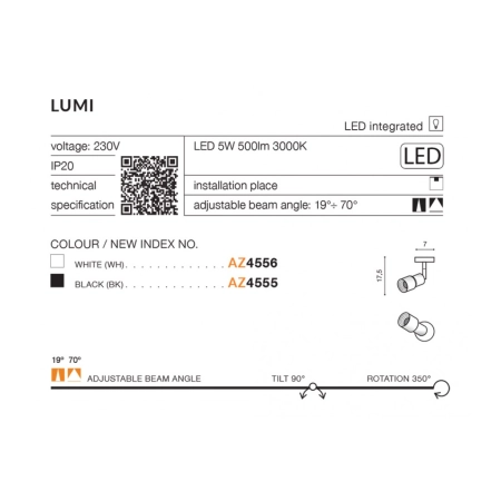 Biały ruchomy reflektor LED lampa sufitowa ścienna AZ4556 z serii LUMI - wymiary