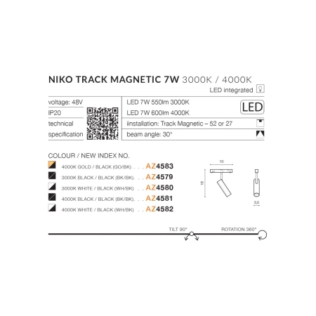 Tuba LED do szyny magnetycznej 1-fazowej AZ4582 z serii NIKO - wymiary