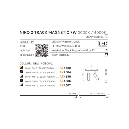 Złota głowica LED do szyny magnetycznej 1-fazowej AZ4588 z serii NIKO - wymiary