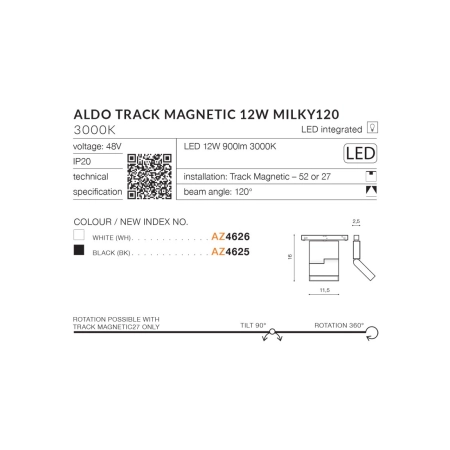Czarny reflektor LED do szyny magnetycznej 1-fazowej AZ4625 z serii ALDO - wymiary