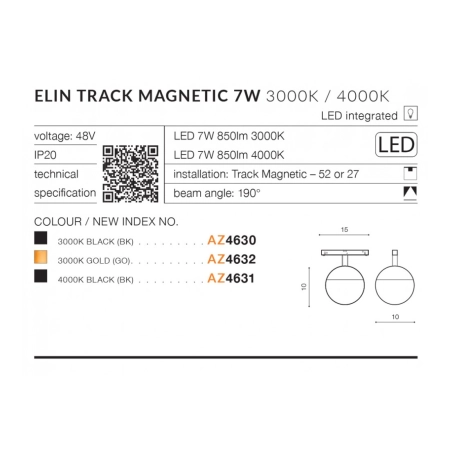 Złota głowica LED do szyny jednofazowej magnetycznej AZ4632 z serii ELIN - wymiary