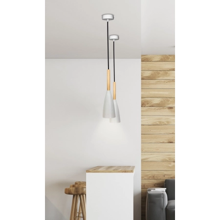 Szara lampa wisząca wąska z drewnem E27 LEDEA 50101265 z serii TROSA 2