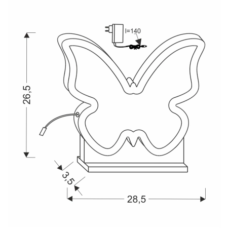 Dziecięca lampka nocna w kształcie motyla 41-10667 z serii BUTTERFLY - wymiary