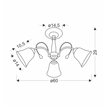 Trójramienna, elegancka lampa sufitowa 33-22424 z serii ORA - wymiary