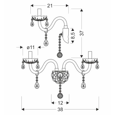 Dwuramienna, kryształowa lampa ścienna 22-30276 z serii CRISTALLO - wymiary