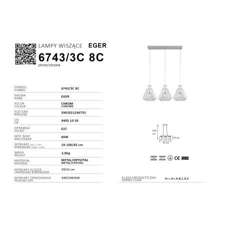 Lampa wisząca z trzema regulowanymi zwisami 6743/3C 8C z serii EGER - 2