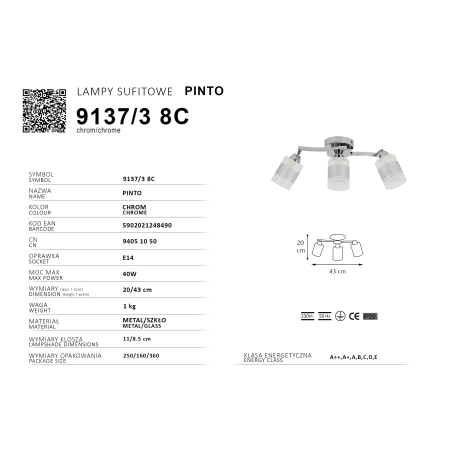 Chromowana listwa sufitowa z 3 spotami 9137/3 8C z serii PINTO - 2