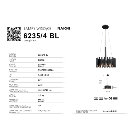 Industrialny zwis do kuchni i salonu 6235/4 BL z serii NARNI - 2