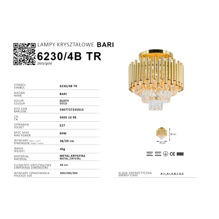 Złota lampa sufitowa w stylu pałacowym 6230/4B TR z serii BARI - 5