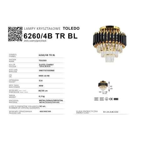 Pałacowa lampa sufitowa z kryształkami 6260/4B TR BL z serii TOLEDO - 6