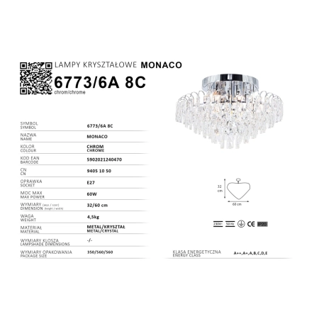 Kryształowa plafoniera do salonu 6773/6A 8C z serii MONACO - 4