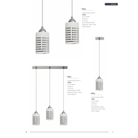 Lampa wisząca na listwie, dwa ozdobne zwisy 183/2 z serii NILA 2