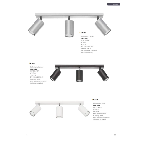 Biała lampa sufitowa z trzema reflektorami 655/3A BIA z serii ROLOS 7