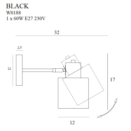 Czarna, metalowa lampa ścienna na przegubie MX W0188 z serii BLACK - wymiary