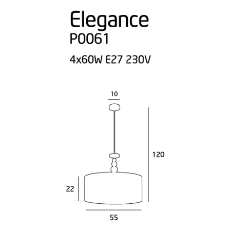 Szeroka, biała lampa wisząca na łańcuchu MX P0061 z serii ELEGANCE - wymiary