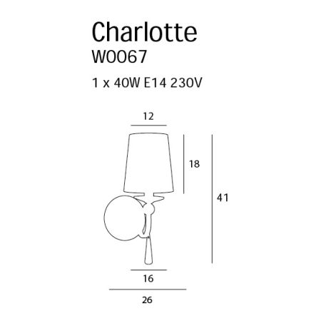 Chromowana lampa ścienna z kryształkiem MX W0067 z serii CHARLOTTE - wymiary