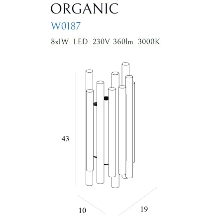 Złota, nowoczesna lampa ścienna z rurek MX W0187 z serii ORGANIC - wymiary