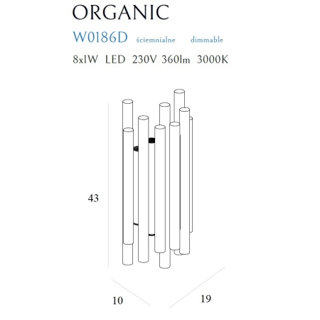Ledowa, srebrna lampa ścienna ze ściemniaczem MX W0186D z serii ORGANIC - wymiary