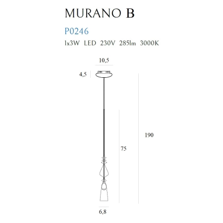 Pojedyncza, wąska lampa wisząca ze światłem LED MX P0246 z serii MURANO - wymiary