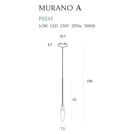 Smukła, stylowa, ledowa lampa wisząca MX P0245 z serii MURANO - wymiary