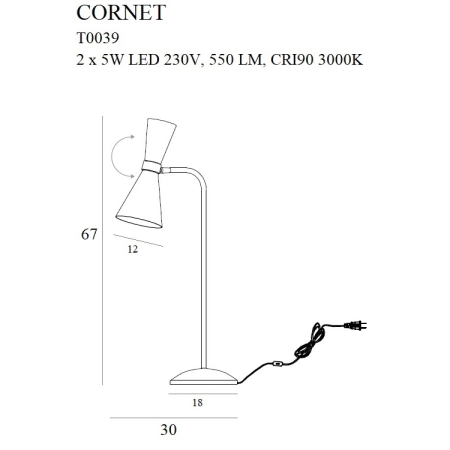 Nowoczesna, designerska lampka biurkowa MX T0039 z serii CORNET - wymiary