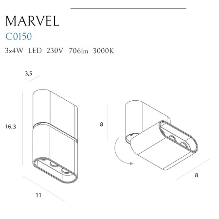 Czarno-złoty spot LED natynkowy, regulowany MX C0150 z serii MARVEL - wymiary