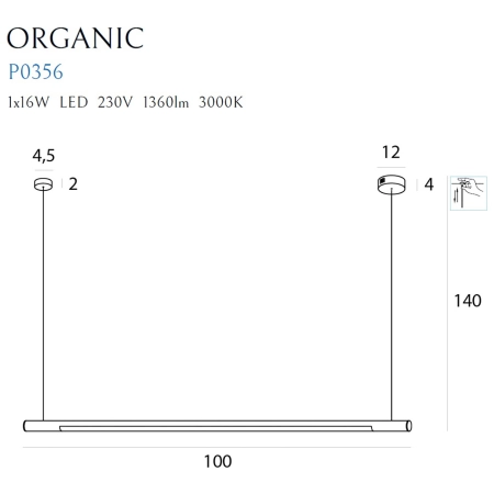 Złota, ledowa lampa wisząca nad bar 100cm MX P0356 z serii ORGANIC P - wymiary