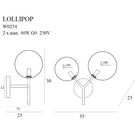 Designerki, dwuramienny kinkiet z kloszami MX W0254 z serii LOLLIPOP - wymiary