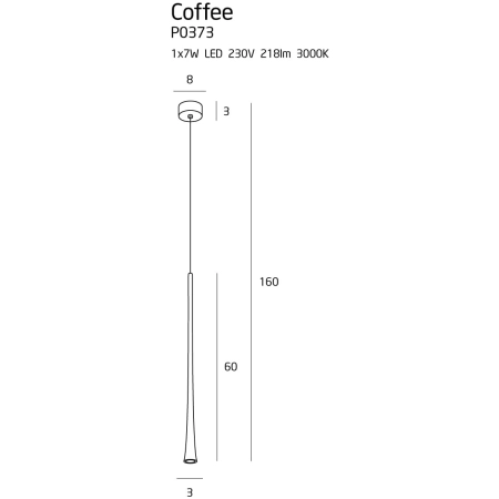 Designerskie oświetlenie punktowe, wąska tuba 60cm MX P0373 z serii COFFEE - wymiary