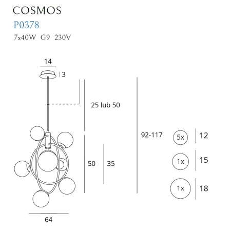 Designerska lampa wisząca z planetami MX P0378 z serii COSMOS - wymiary