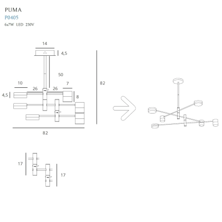 Duża, czarno-złota lampa sufitowa zintegrowany LED MX P0405 z serii PUMA - wymiary