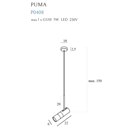 Czarno-złoty reflektor na regulowanym zwisie MX P0408 z serii PUMA - wymiary