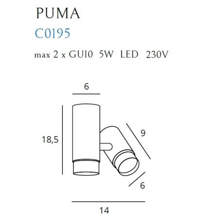 Czarno-złoty, podwójny reflektor natynkowy MX C0195 z serii PUMA - wymiary