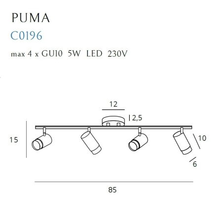 Listwa sufitowa z czterema reflektorami MX C0196 z serii PUMA - wymiary