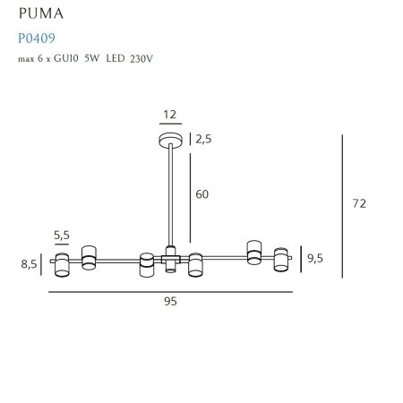 Szeroka lampa sufitowa z reflektorami, nad stół MX P0409 z serii PUMA - wymiary