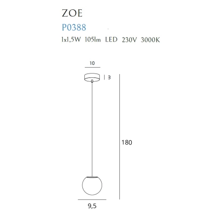 Chromowana, ledowa lampa wisząca z okrągłym kloszem MX P0388 z serii ZOE - wymiary