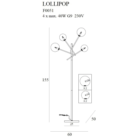 Designerska, czarna lampa stojąca do salonu MX F0051 z serii LOLLIPOP - wymiary