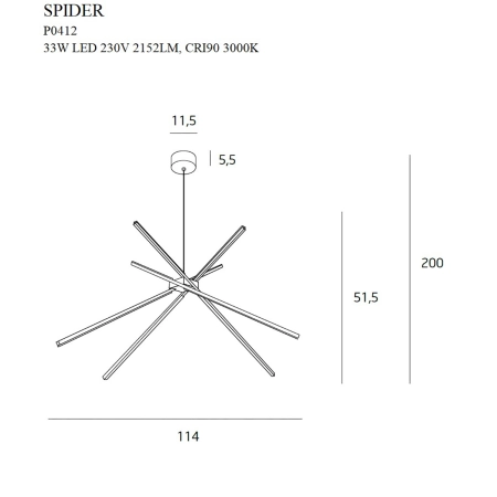 Czarna, nowoczesna, ledowa lampa wisząca MX P0412 z serii SPIDER - wymiary