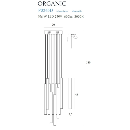 Złota, ledowa, ściemnialna lampa wisząca MX P0265D z serii ORGANIC I - wymiary