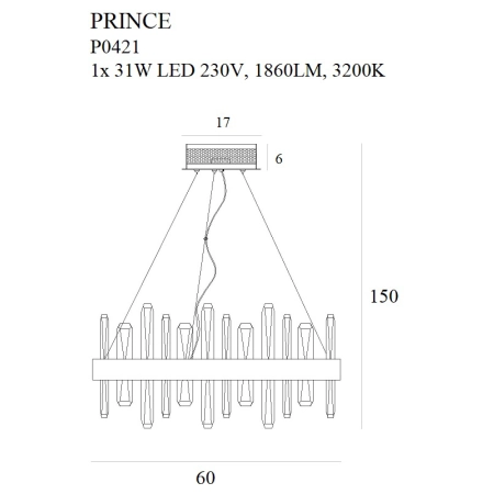 Efektowna lampa wisząca z kryształami Ø60cm MX P0421 z serii PRINCE - wymiary