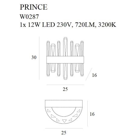 Designerski, kryształowy kinkiet LED MX W0287 z serii PRINCE - wymiary
