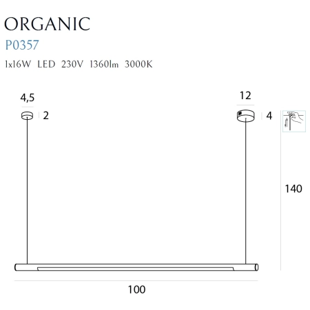 Biała, ściemnialna lampa wisząca 100cm MX P0357D z serii ORGANIC P - wymiary