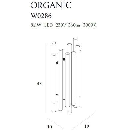 Designerki, czarny, ledowy kinkiet z rurek MX W0286 z serii ORGANIC - wymiary